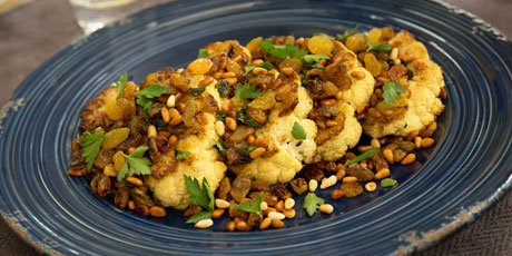 Roasted Cauliflower Steaks with Golden Raisins and Pine Nuts