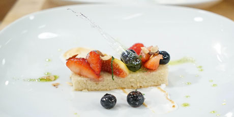 Vanilla-Brown Butter Cake with Spring Fruit and Berry Compote, Mint Oil and Toasted Marshmallow Sauce