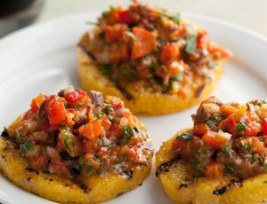 Grilled Polenta Crackers with Roasted Pepper Salsa