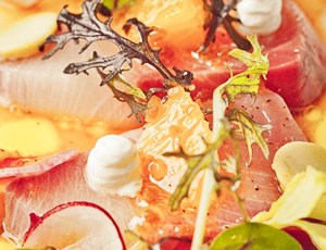 Citrus-Cured Hamachi with Hearts of Palm, Crème Fraîche and Yuzu Vinaigrette