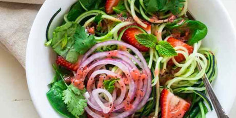 Spiralized Cucumber Salad with Chia Seed Strawberry Vinaigrette
