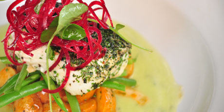 Olive-Oil Poached Pacific Halibut with Chipotle-Potato Salad and Mint-Cucumber Gazpacho