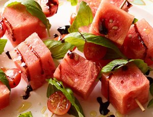 Tomato, Watermelon, and Basil Skewers