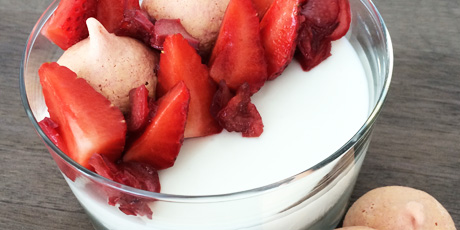 Goat's Milk Panna Cotta with Beet Meringue, Strawberries and Rhubarb