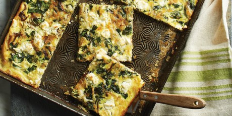 Slab Quiche with Spinach, Goat Cheese, and Caramelized Onions