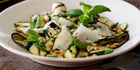 Grilled Zucchini Salad with Lemon-Herb Vinaigrette and Shaved Romano and Toasted Pine Nuts