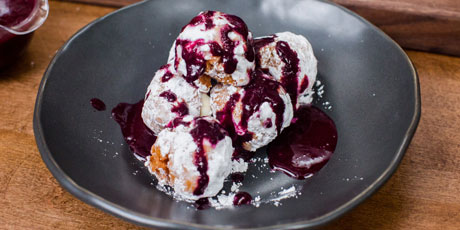 Biscuit Doughnuts with Lemon Cream Filling and Blueberry Sauce