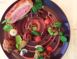 Duck Breast with Sunchokes, Rhubarb, Watercress and Onions