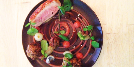 Duck Breast with Sunchokes, Rhubarb, Watercress and Onions