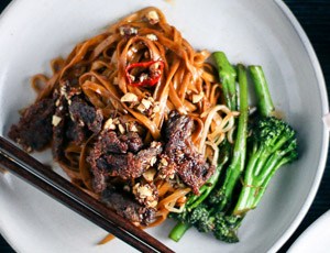 Chinese Crispy Beef & Broccoli Noodles with Kung Pao Chili Oil