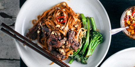 Chinese Crispy Beef &amp; Broccoli Noodles with Kung Pao Chili Oil