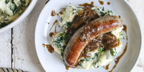 Bangers and Green Mash with Onion Gravy