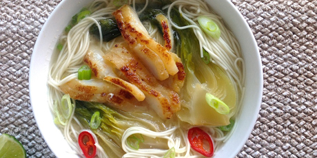 Mellow White Miso Soup with Cod, Baby Bok Choy, Sriracha and Lime