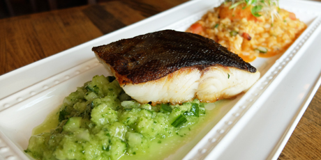 Pan-Seared Sablefish on Cucumber Salsa Verde and Lobster Risotto