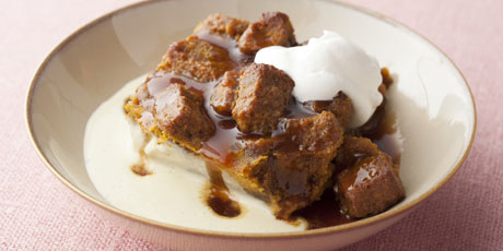 Pumpkin Bread Pudding with Spicy Caramel Apple Sauce and Vanilla Bean Creme Anglaise