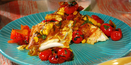 Grilled Halibut with Corn-Coconut Curry Sauce and Grilled Cherry Tomato Chutney