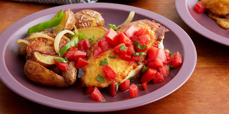 Parmesan Crusted Chicken Breasts with Tomato and Basil and Potatoes with Peppers and Onions
