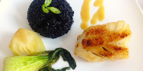 White Miso-Glazed Cod with Purple Rice and Braised Baby Bok Choy