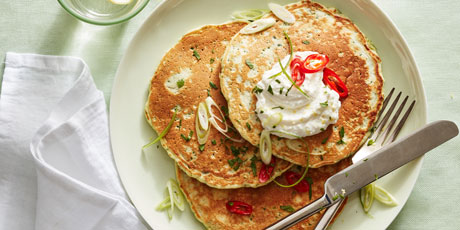 Green Herb Pancakes with Ricotta and Red Chile Oil