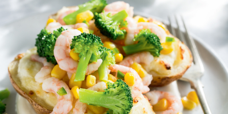 Double Baked Potatoes with Broccoli, Corn and Shrimp