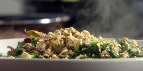 Farro with Asparagus, Hazelnuts and Kale Topped with Roasted Mushrooms