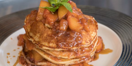 Lemon Ricotta Pancakes with Brown Butter Stone Fruit Compote and Amaretto Syrup