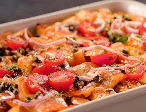 Everything-Bagel Strata with Caper Relish and Smoked Salmon