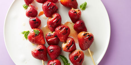 Grilled Strawberry Kebabs with Lemon-Mint Sauce