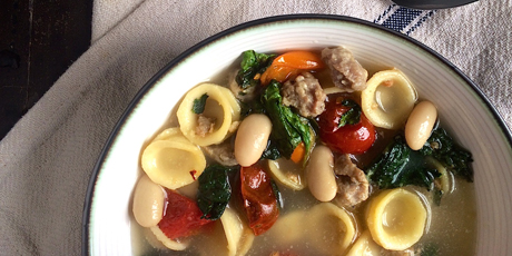Garlicky Turkey Kale Soup with Pasta, White Beans and Tomatoes