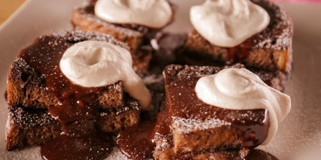 Stuffed Mexican Hot Chocolate French Toast with Cinnamon Whipped Cream and Chocolate-Maple Ganache