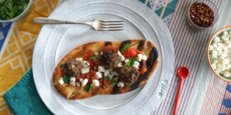 Grilled Lamb Meatball Flatbread with Grilled Tomato Sauce