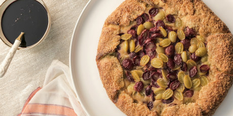 Grape and Ricotta Galette with Fennel Crust and Red Wine Syrup