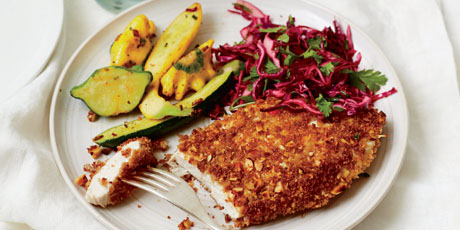 Almond Chicken Cutlets with Tangy Cilantro Slaw