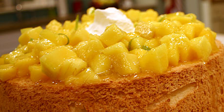 Angel Food Cake with Mango Lime Salsa and Vanilla Cream