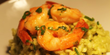 Avocado Risotto with Beer-Buttered Shrimp