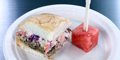 BBQ Pulled Pork Sandwich with Horseradish Coleslaw and Parsley Infused Watermelon