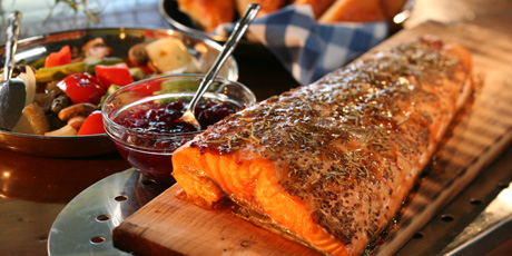 BBQ Salmon on a Plank with Foccacia and Grilled Veggies
