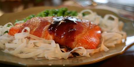 Bacon–Wrapped Hoisin-Ginger Salmon, Noodles and Peas