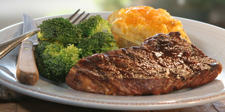 BBQ Steak with Stuffed Potatoes and Broccoli