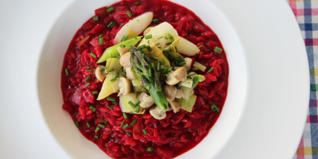 Beet Risotto with Asparagus Mushroom Fricassee
