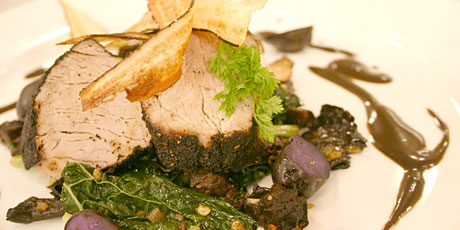 Charred and Roasted Pork Tenderloin with Black Trumpet Emulsion