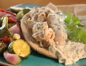 Cheater Souvlaki with Pita, Tzatziki and Grilled Vegetables