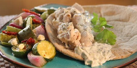 Cheater Souvlaki with Pita, Tzatziki and Grilled Vegetables