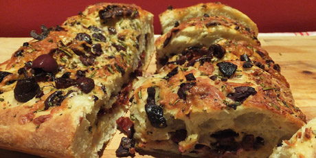 Cheese Focaccia with Olives and Rosemary