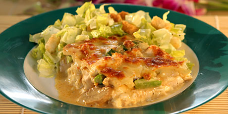 Cheesy Asparagus Chicken Lasagna with Salad