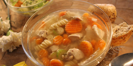 Chicken Noodle Soup with Multigrain Buns and Caesar Salad