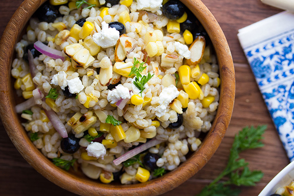 Grilled Corn and Barley Salad with Goat Cheese and Blueberries