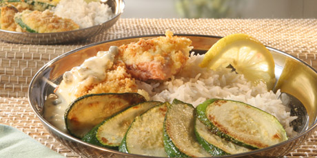 Couscous-Crusted Salmon with Caper Mayonnaise, Rice and Zucchini