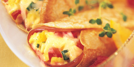 Crêpes Stuffed with Eggs, Cheddar, Ham and Vegetables