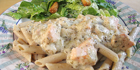 Creamy Salmon on Whole Wheat Penne with Salad